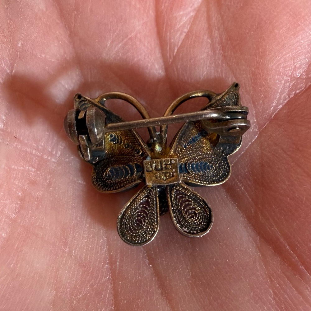 Antique 800 silver deco Filagree blue plique-a-jour Enamel tiny Butterfly brooch - Picture 8 of 17